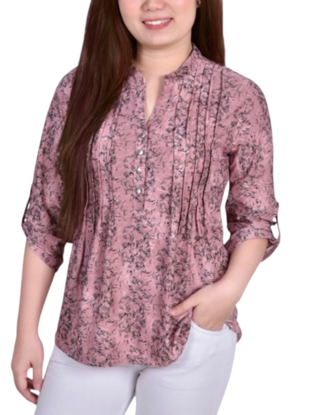Women's 3/4 Roll Tab Sleeve Y-neck Top - Mauve Floral, Size M - NWT